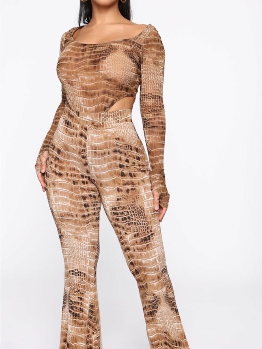 Fashion Nova Brown Croc-Print Flare Jumpsuit